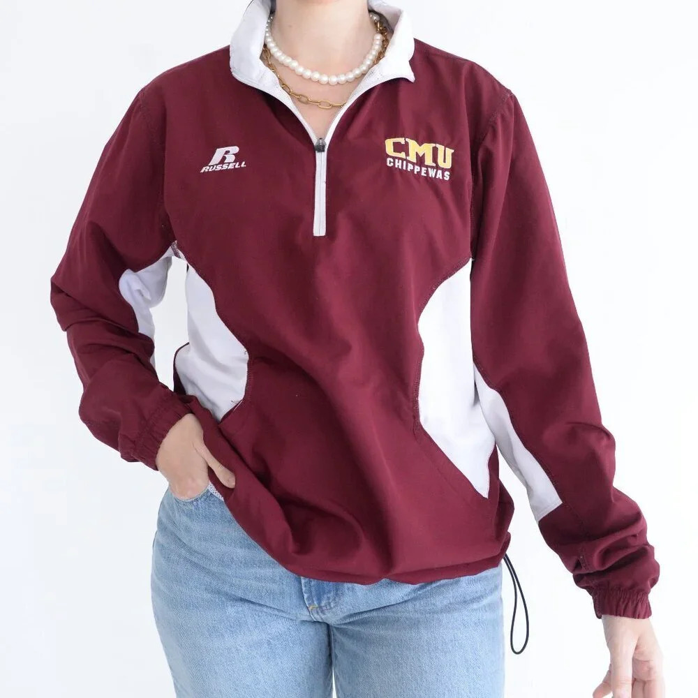 Vintage Russell Athletic Maroon White CMU Chippewas Logo Quarter Zip Sweater S